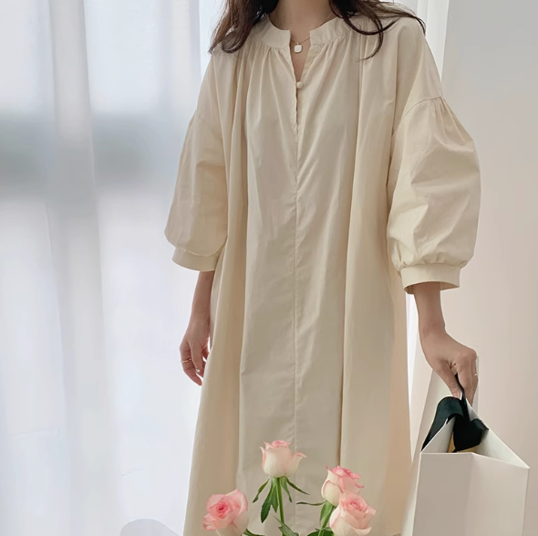 Loose Fit V-Neck Puff Sleeve Long Dress – Korean/Japanese Style Solid Color