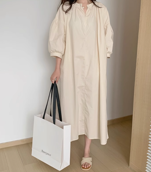 Loose Fit V-Neck Puff Sleeve Long Dress – Korean/Japanese Style Solid Color