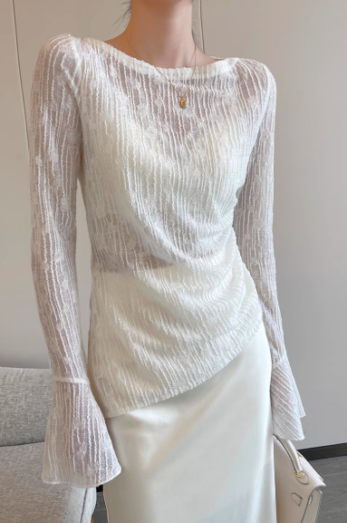 PINKEEN Sheer Lace Long-Sleeve Top – Elegant Drape Design Blouse –6540
