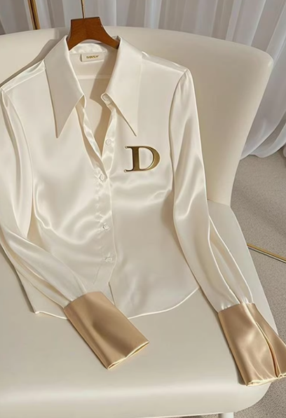 French Elegant Satin Button-Up Blouse – White Acetate Silk Long Sleeve Shirt -6463