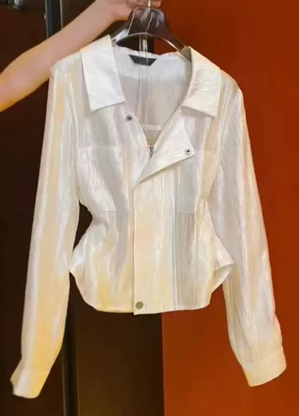 White Textured Satin Short Jacket – Light Luxury Cropped Shirt Top -6443