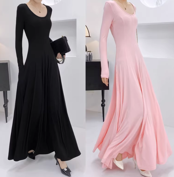 Pink Modal Long Sleeve Floor-Mounting Dress Women's Autumn Light Luxury Slimming Long Dress Size S-6500