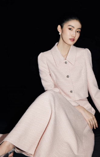 Mandy Zhang Elegant Pink Tweed Skirt Suit – Fall/Winter Collection-22370