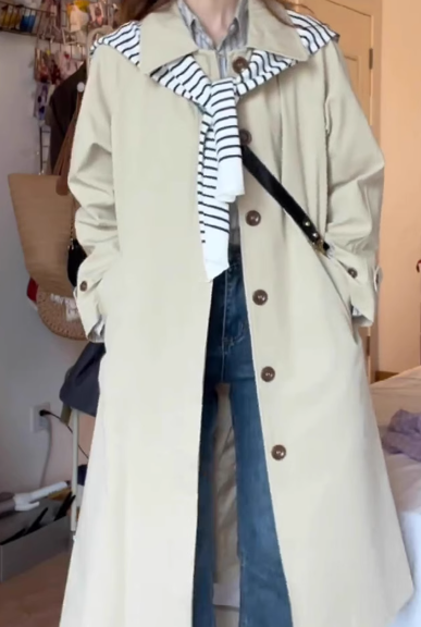 2025 Spring/Autumn Elegant Beige Mid-Length Trench Coat – Chic British-Korean Minimalist Outerwear &nbsp;