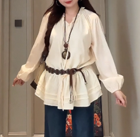 Plus-Size French Chic Ruffled Blouse – 2025 Autumn New Arrival -6556
