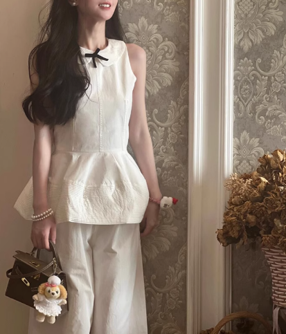 Elegant French-Style Two-Piece Set with Bow-Tie Sleeveless Top and Relaxed Wide-Leg Pants  ---6557+6505