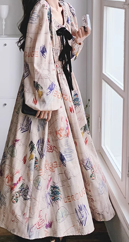 Elegant French-Style Printed Dress-6583