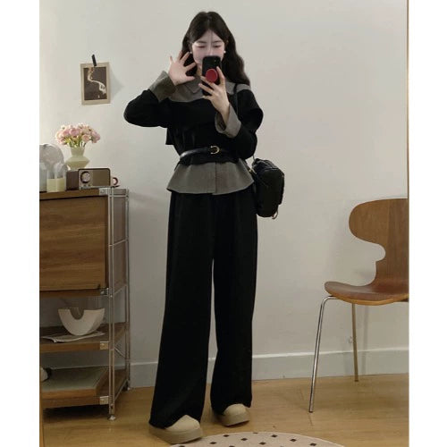2025 spring wear large size women's clothing with a complete set of high-end light luxury fake two-piece wide-leg pants set skirt