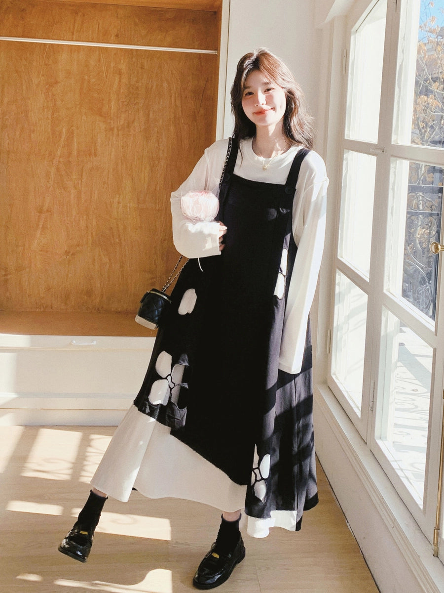 Black Irregular Dress Set Women's Spring and Autumn Korean Atmosphere White Shirt Printed Strap Skirt Two-piece Set