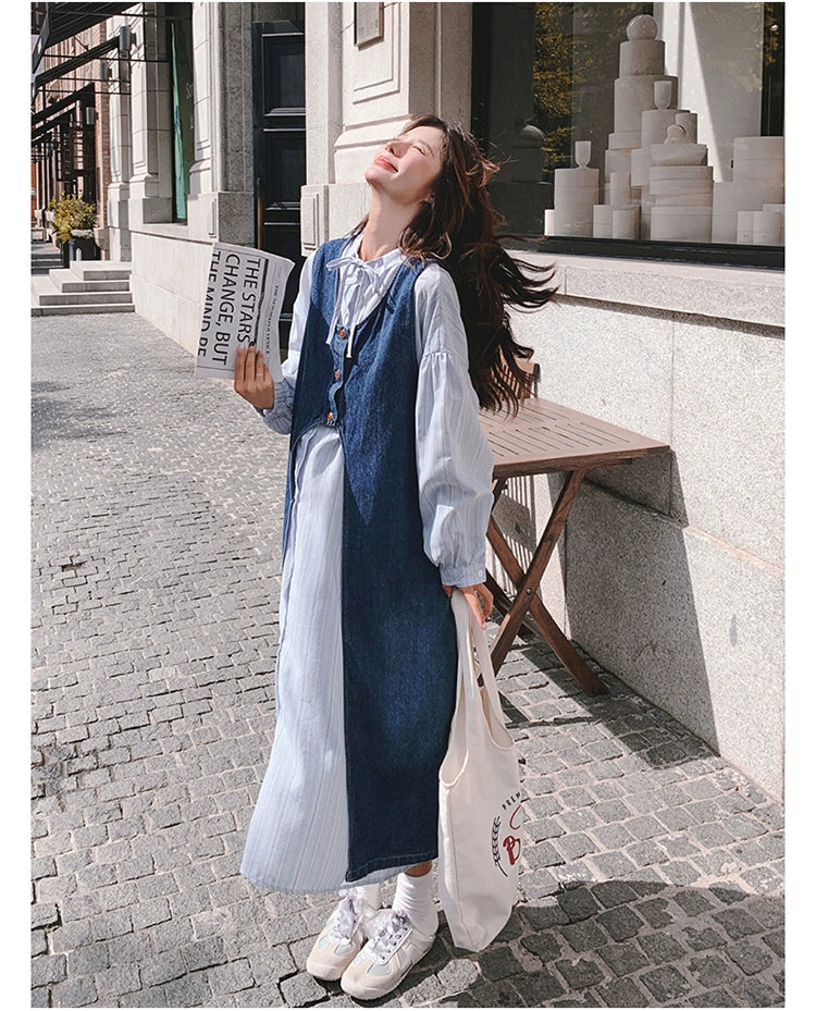 College style striped shirt dress suit women's spring and autumn wear 2025 new denim cardigan layered wear a complete set