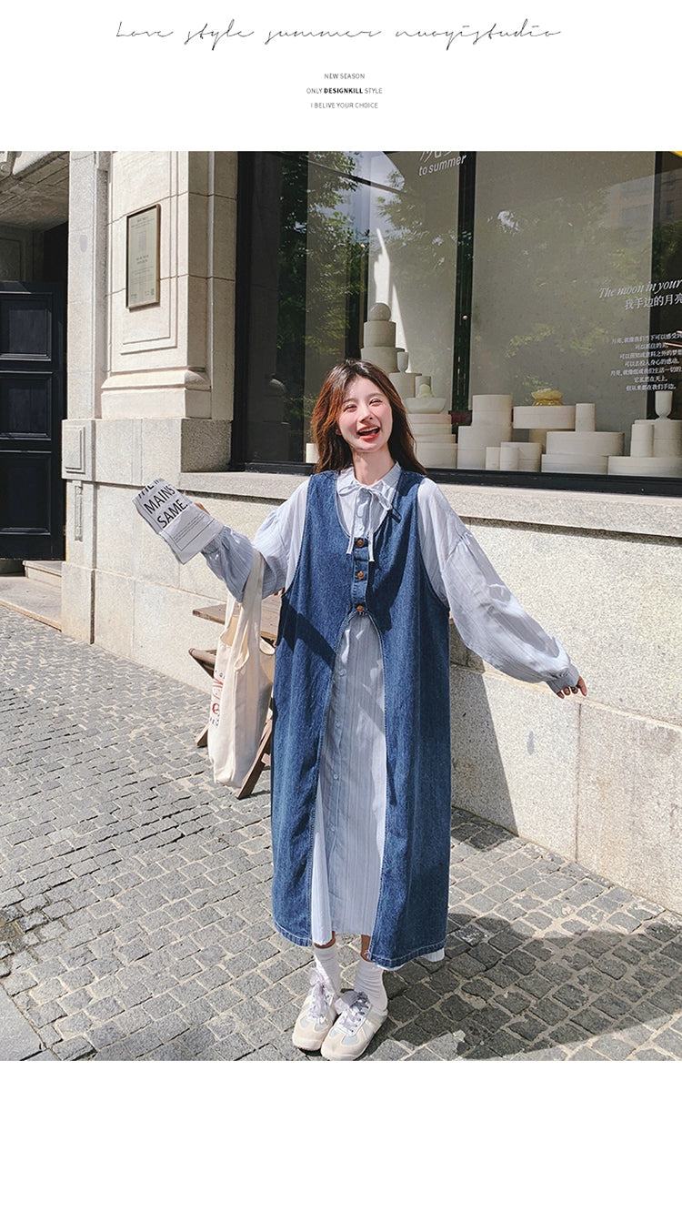 College style striped shirt dress suit women's spring and autumn wear 2025 new denim cardigan layered wear a complete set