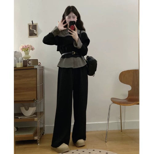 2025 spring wear large size women's clothing with a complete set of high-end light luxury fake two-piece wide-leg pants set skirt