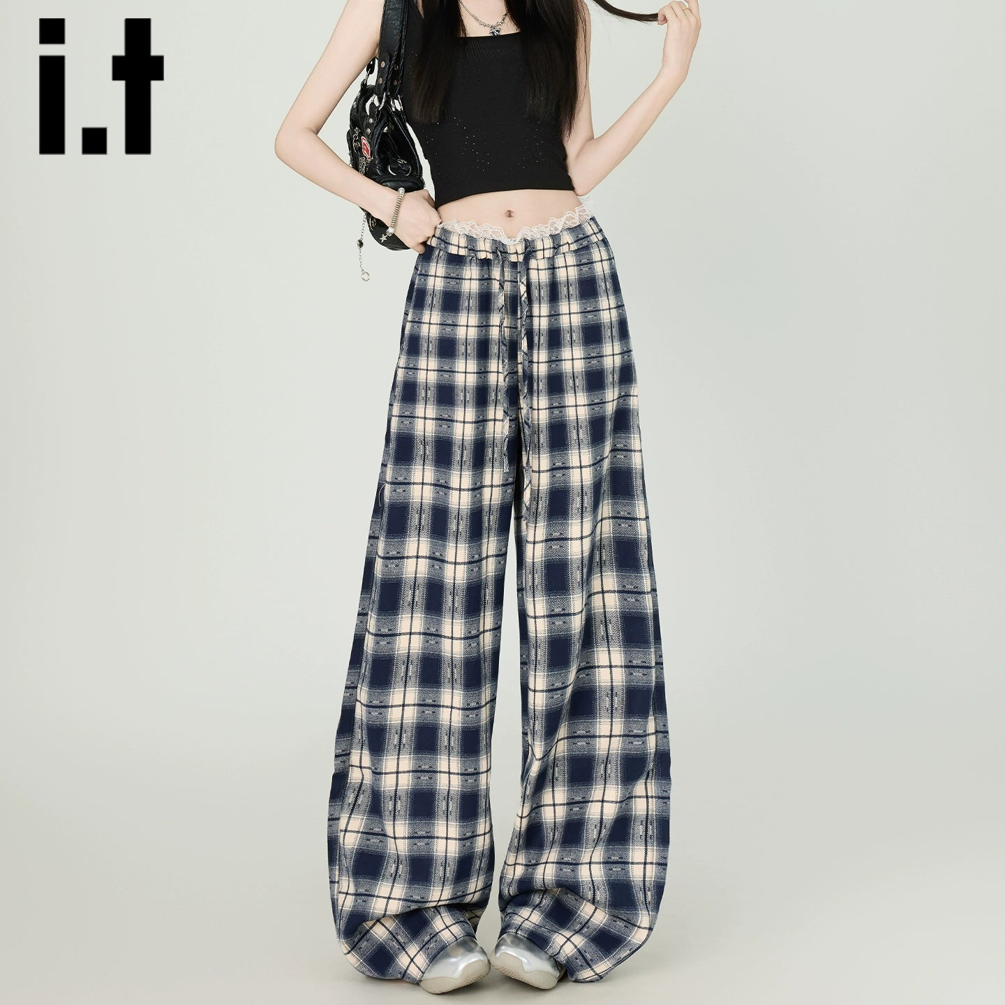 IT: CHOCOOLATE Lace Vintage Plaid Wide Leg Pants Women's 2025 Summer Straight Casual Pants Children