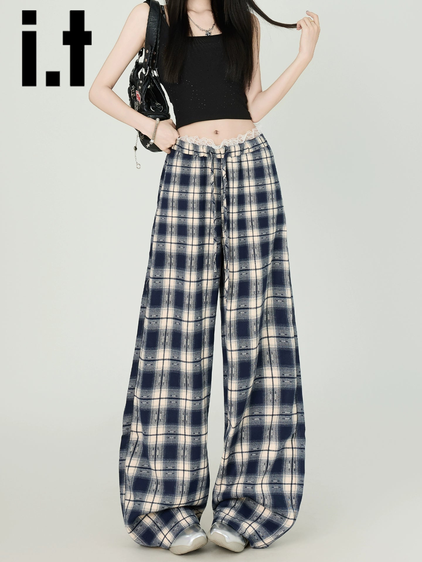 IT: CHOCOOLATE Lace Vintage Plaid Wide Leg Pants Women's 2025 Summer Straight Casual Pants Children