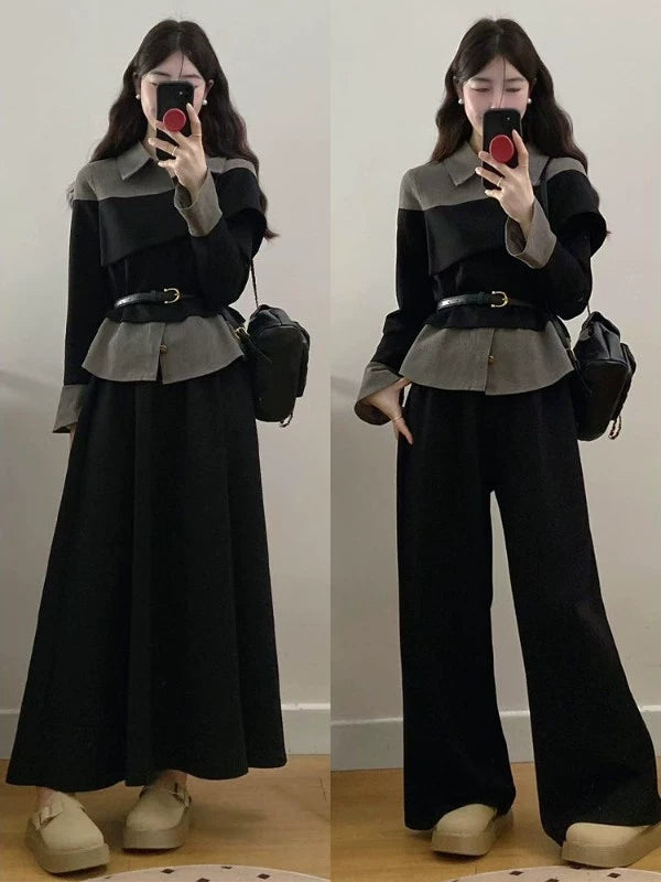 2025 spring wear large size women's clothing with a complete set of high-end light luxury fake two-piece wide-leg pants set skirt