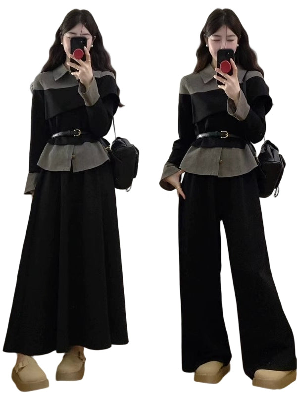 2025 spring wear large size women's clothing with a complete set of high-end light luxury fake two-piece wide-leg pants set skirt