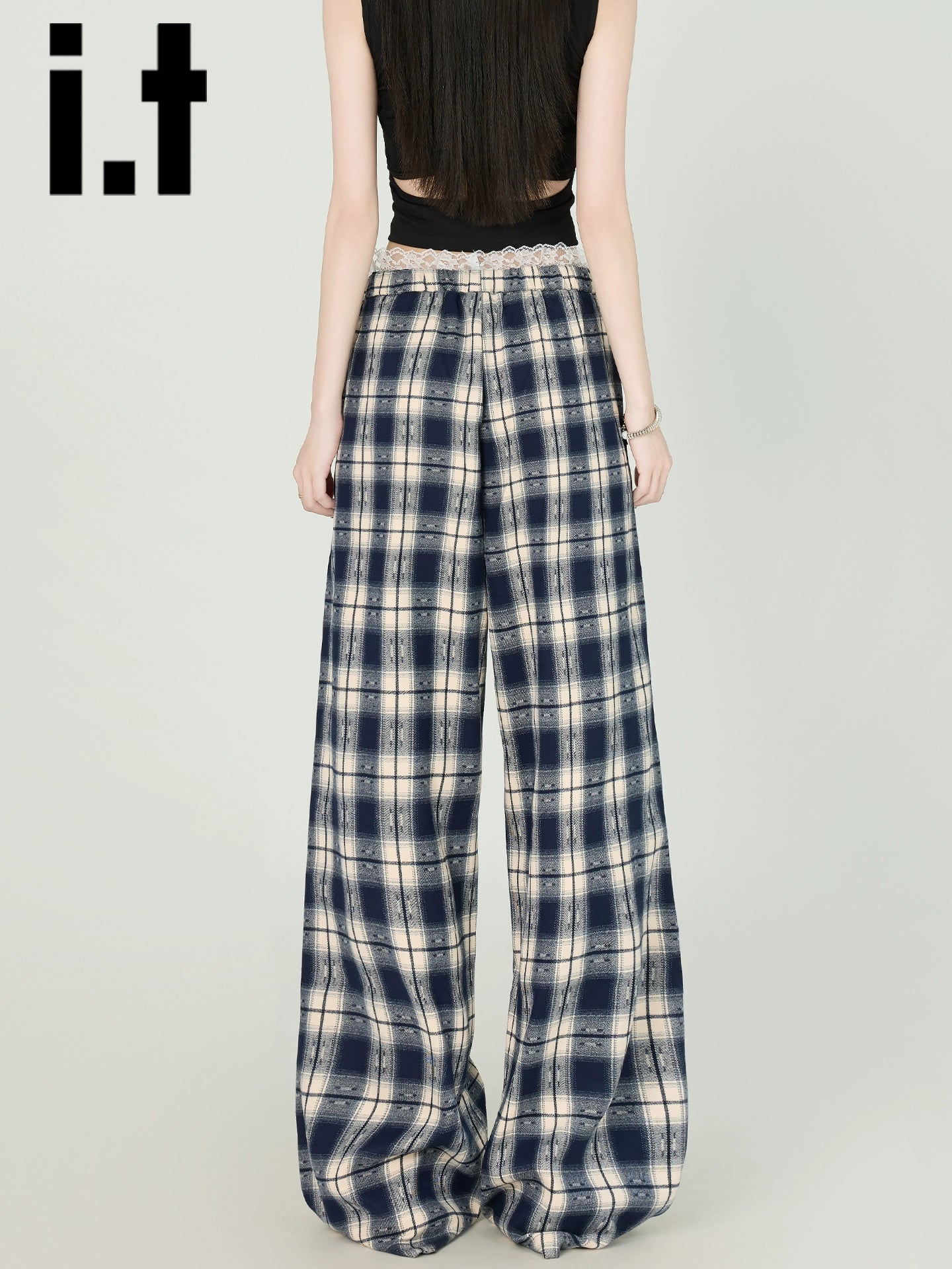 IT: CHOCOOLATE Lace Vintage Plaid Wide Leg Pants Women's 2025 Summer Straight Casual Pants Children