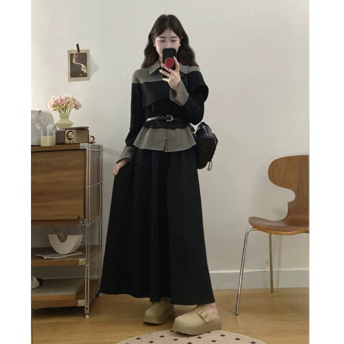2025 spring wear large size women's clothing with a complete set of high-end light luxury fake two-piece wide-leg pants set skirt