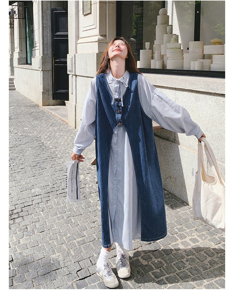 College style striped shirt dress suit women's spring and autumn wear 2025 new denim cardigan layered wear a complete set