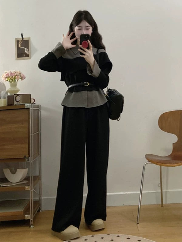 2025 spring wear large size women's clothing with a complete set of high-end light luxury fake two-piece wide-leg pants set skirt
