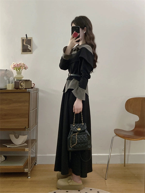 2025 spring wear large size women's clothing with a complete set of high-end light luxury fake two-piece wide-leg pants set skirt