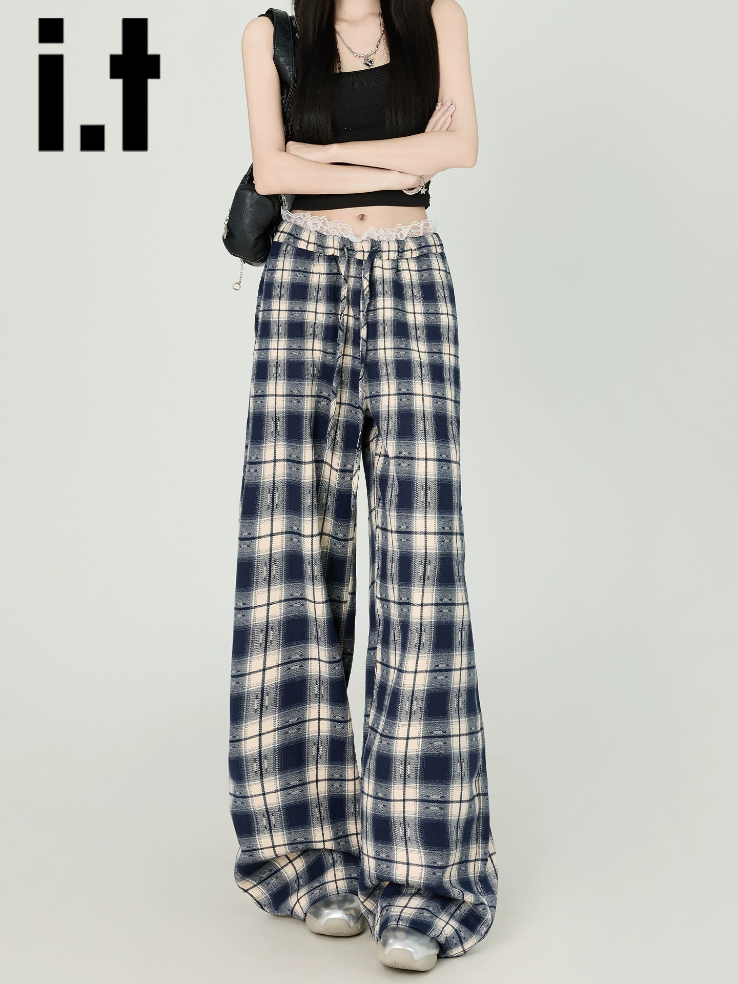 IT: CHOCOOLATE Lace Vintage Plaid Wide Leg Pants Women's 2025 Summer Straight Casual Pants Children