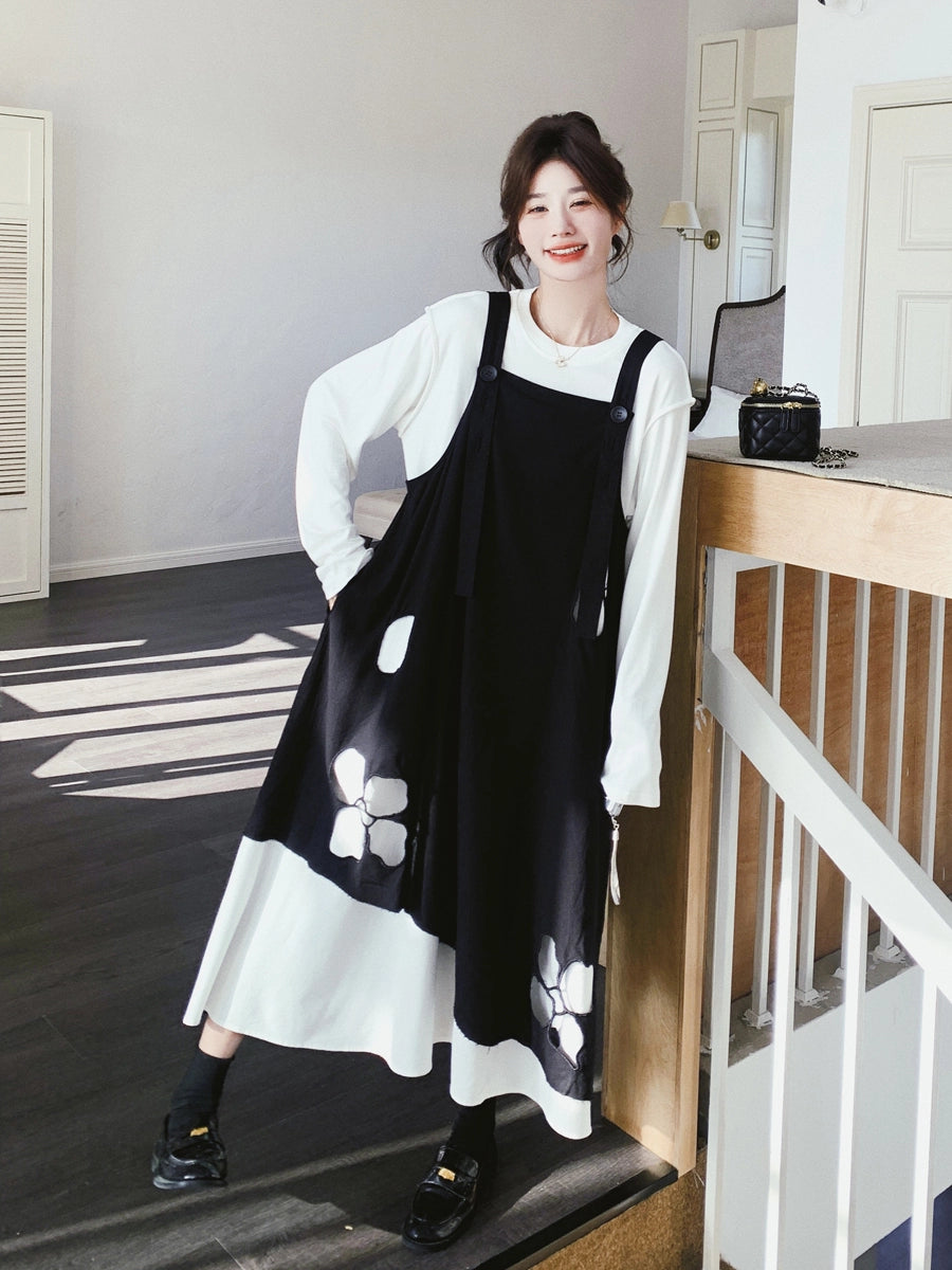 Black Irregular Dress Set Women's Spring and Autumn Korean Atmosphere White Shirt Printed Strap Skirt Two-piece Set