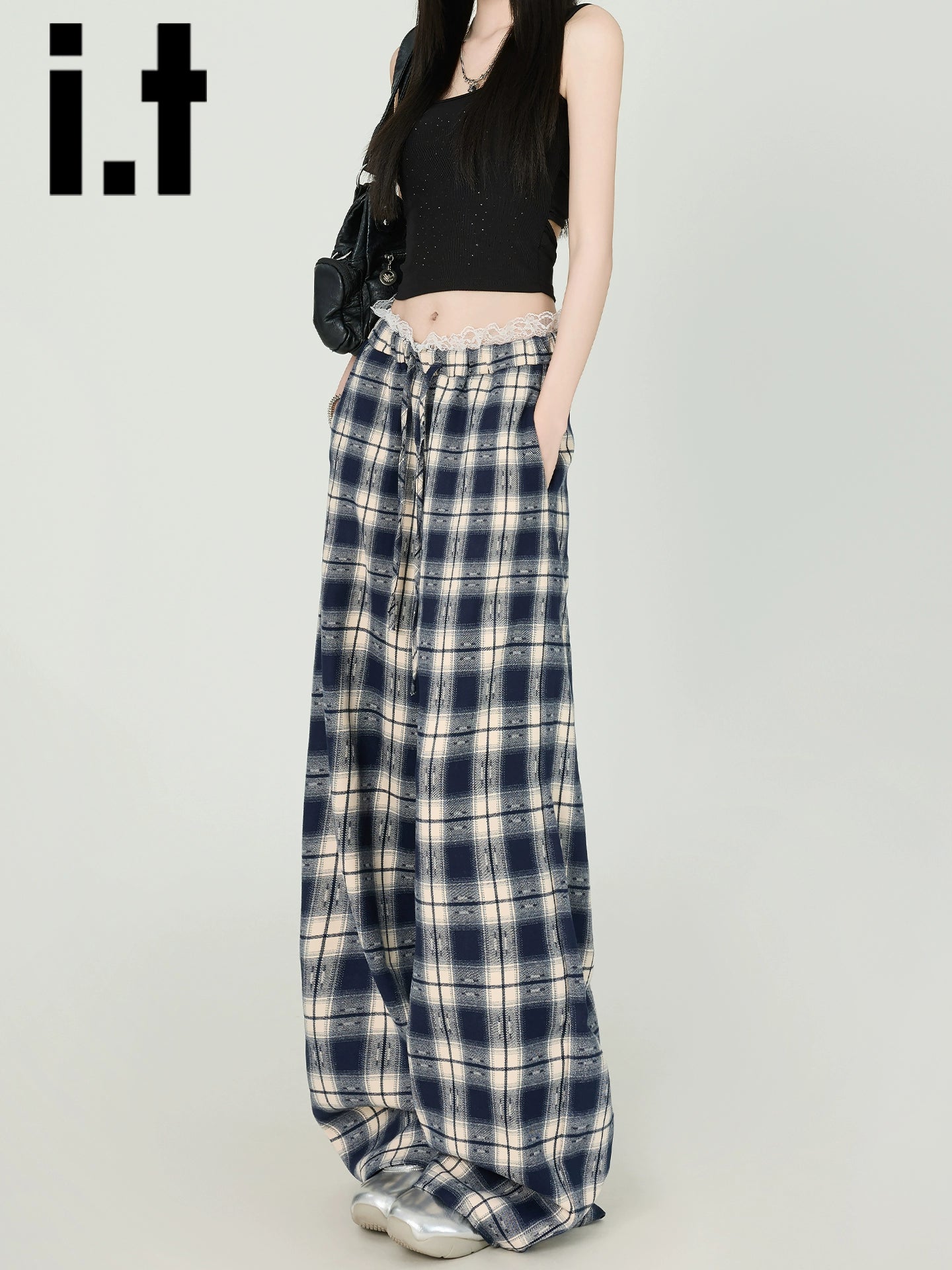 IT: CHOCOOLATE Lace Vintage Plaid Wide Leg Pants Women's 2025 Summer Straight Casual Pants Children