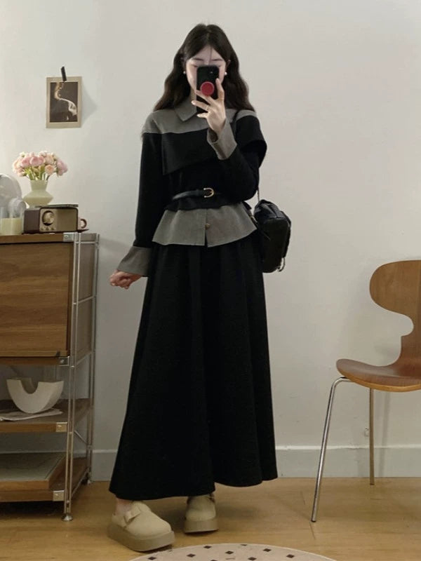 2025 spring wear large size women's clothing with a complete set of high-end light luxury fake two-piece wide-leg pants set skirt