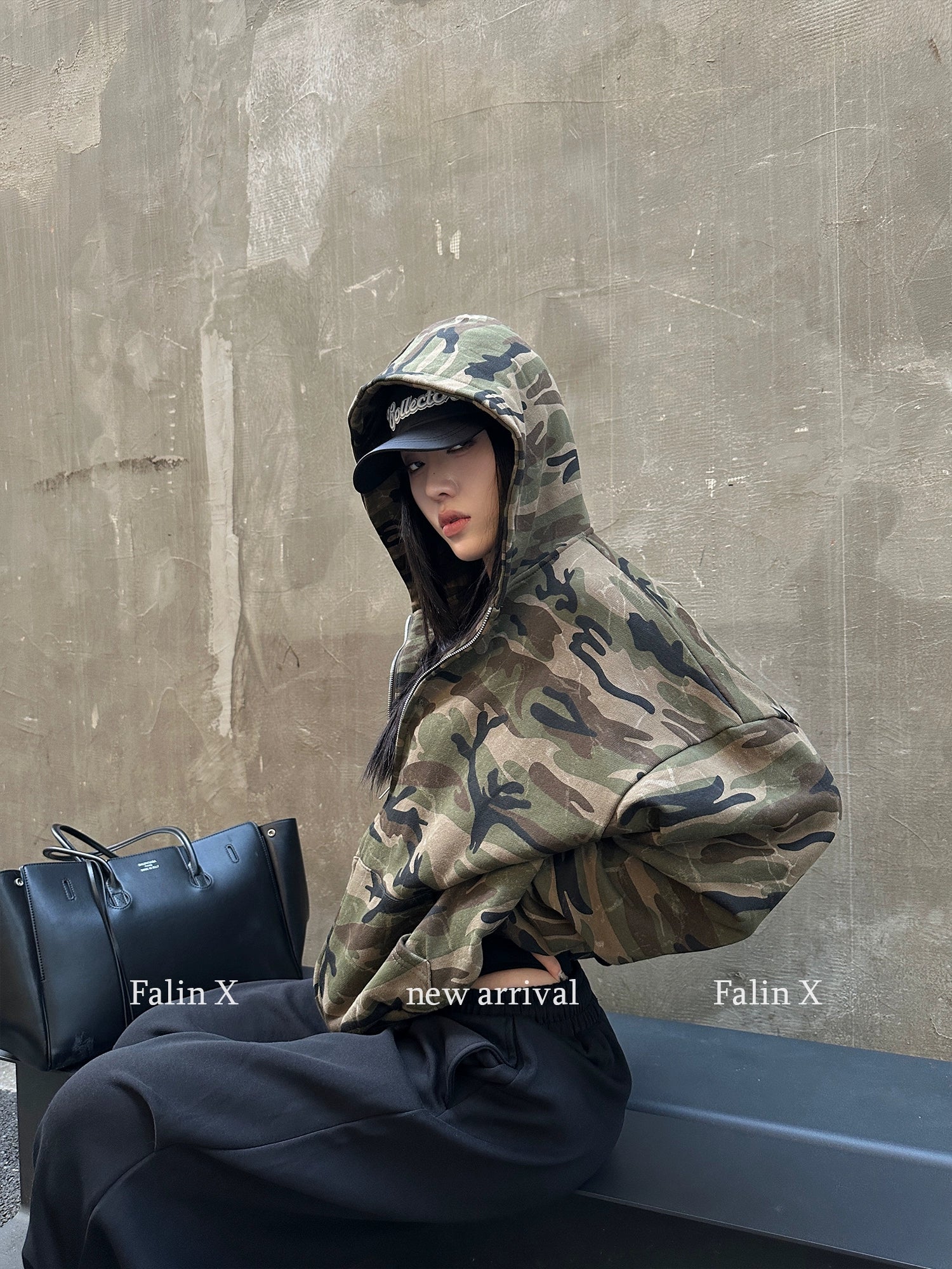 Falin X camouflage hooded sweater jacket women's American lazy chic loose cardigan casual autumn jacket