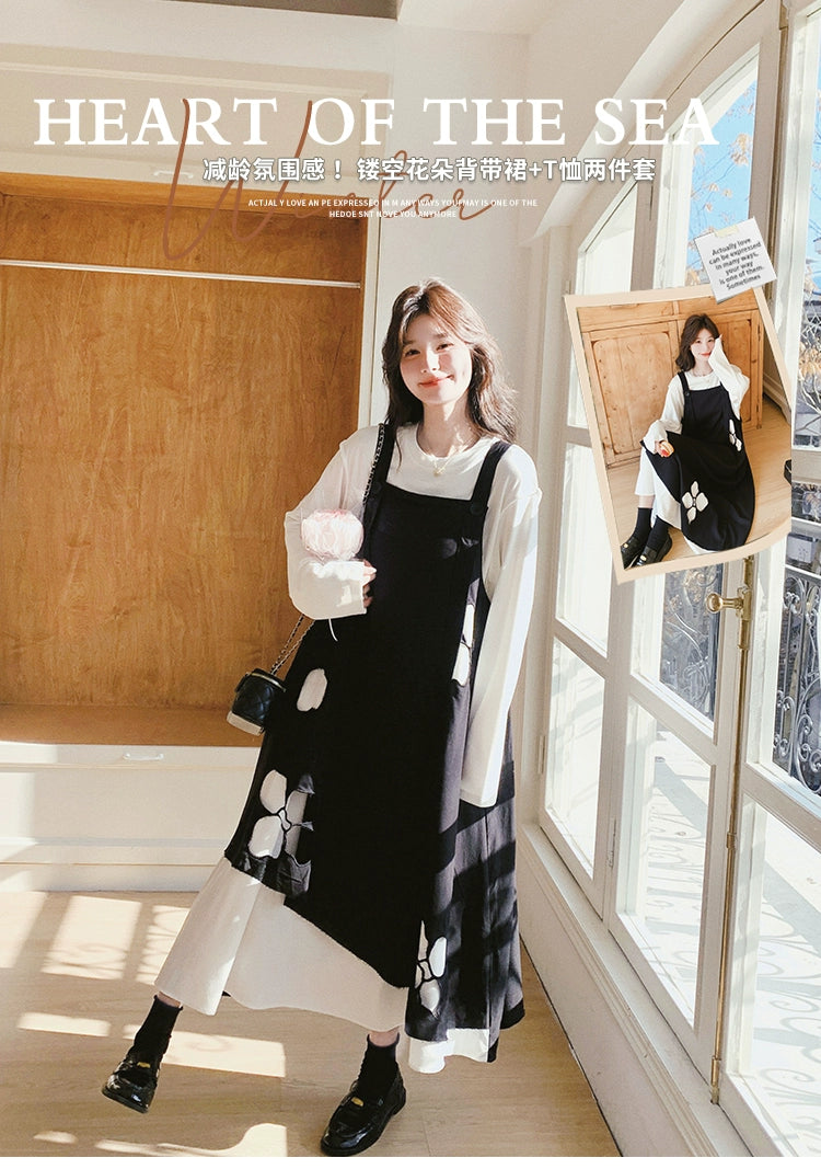 Black Irregular Dress Set Women's Spring and Autumn Korean Atmosphere White Shirt Printed Strap Skirt Two-piece Set