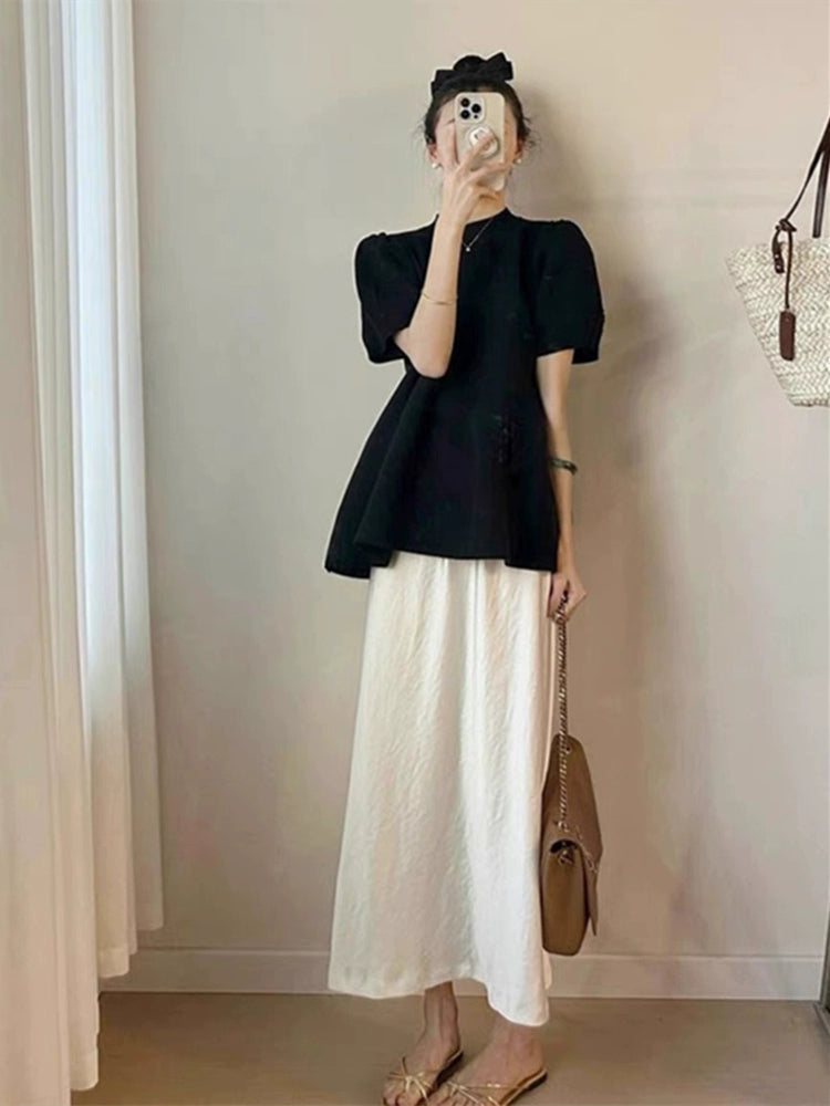 2025 new French Platycodon skirt set women's summer high-end feeling slightly fat, meat-covering and thin dress two-piece set