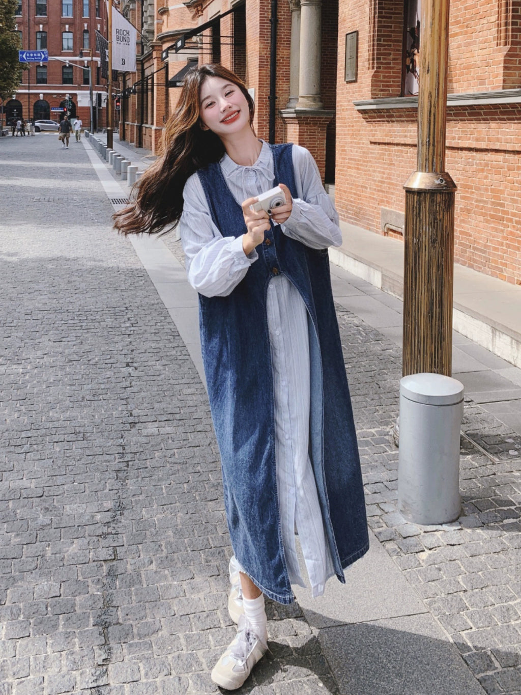 College style striped shirt dress suit women's spring and autumn wear 2025 new denim cardigan layered wear a complete set