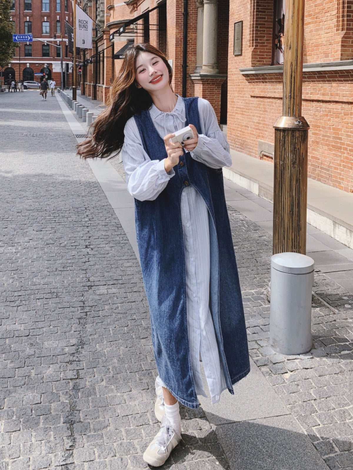 College style striped shirt dress suit women's spring and autumn wear 2025 new denim cardigan layered wear a complete set