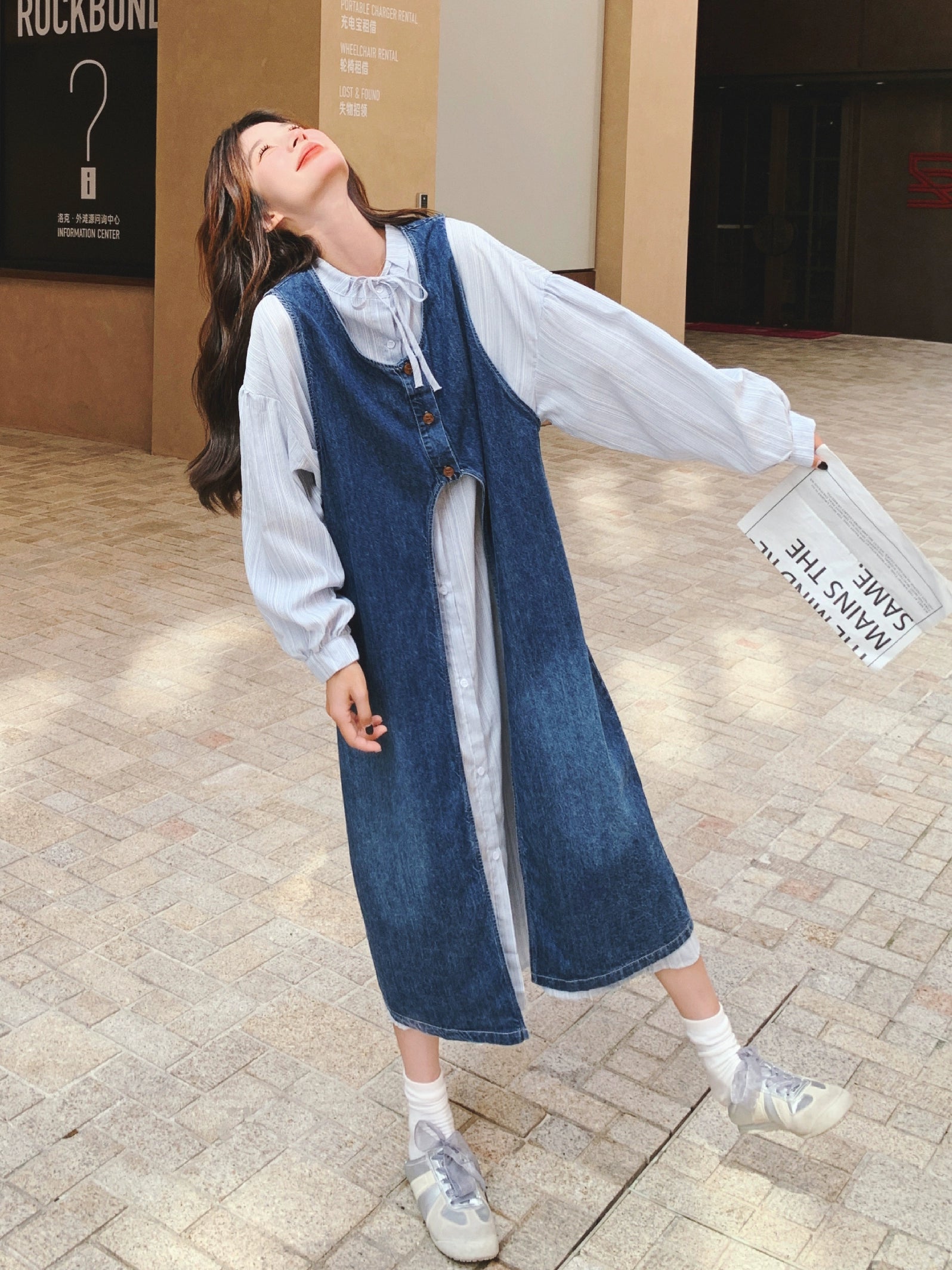 College style striped shirt dress suit women's spring and autumn wear 2025 new denim cardigan layered wear a complete set