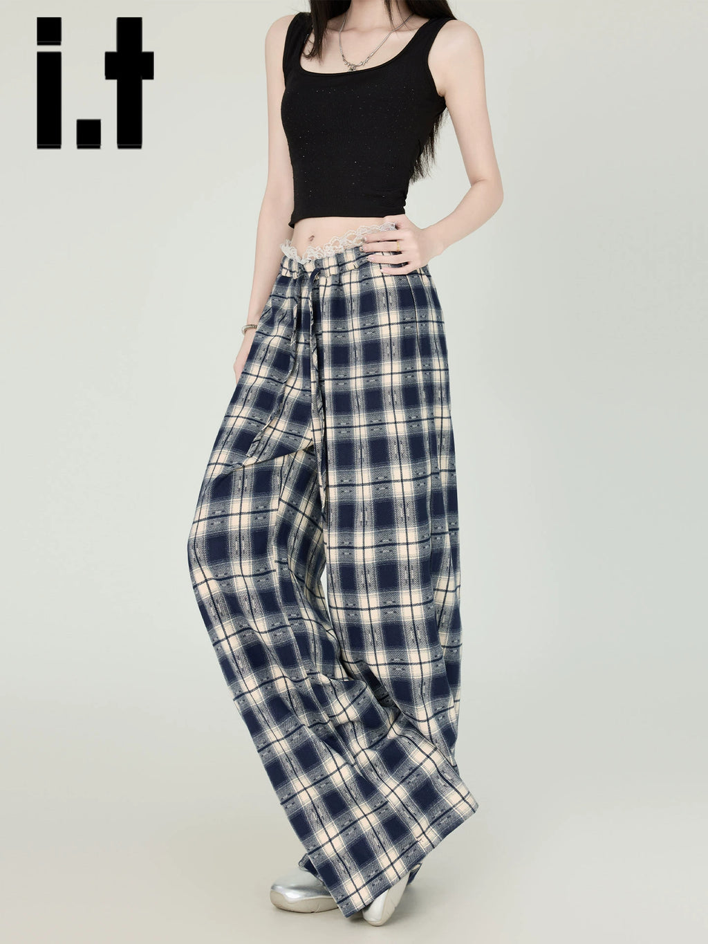 IT: CHOCOOLATE Lace Vintage Plaid Wide Leg Pants Women's 2025 Summer Straight Casual Pants Children
