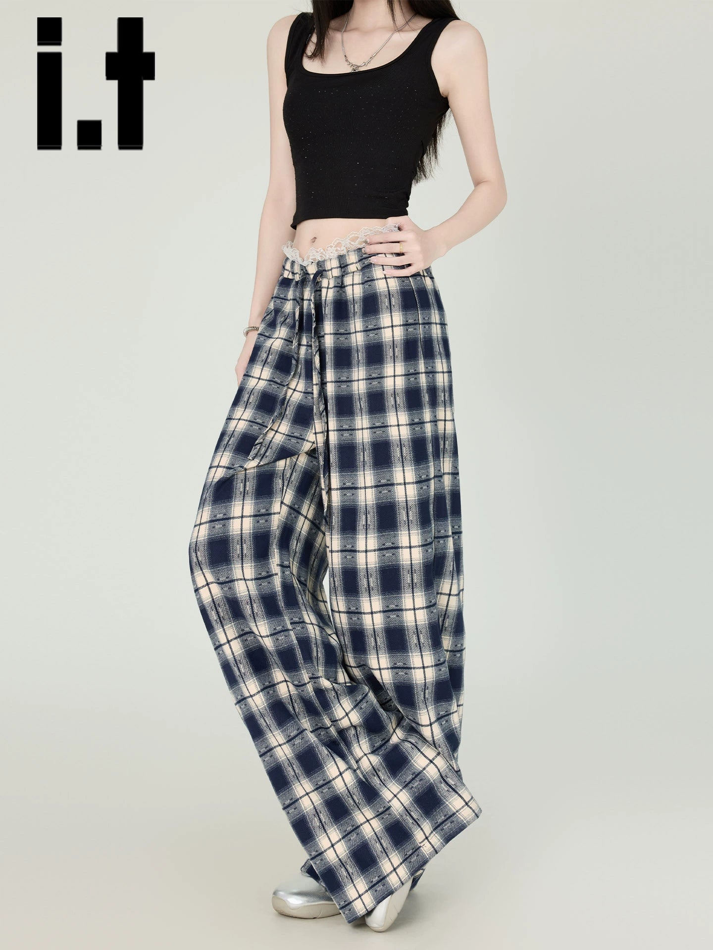 IT: CHOCOOLATE Lace Vintage Plaid Wide Leg Pants Women's 2025 Summer Straight Casual Pants Children