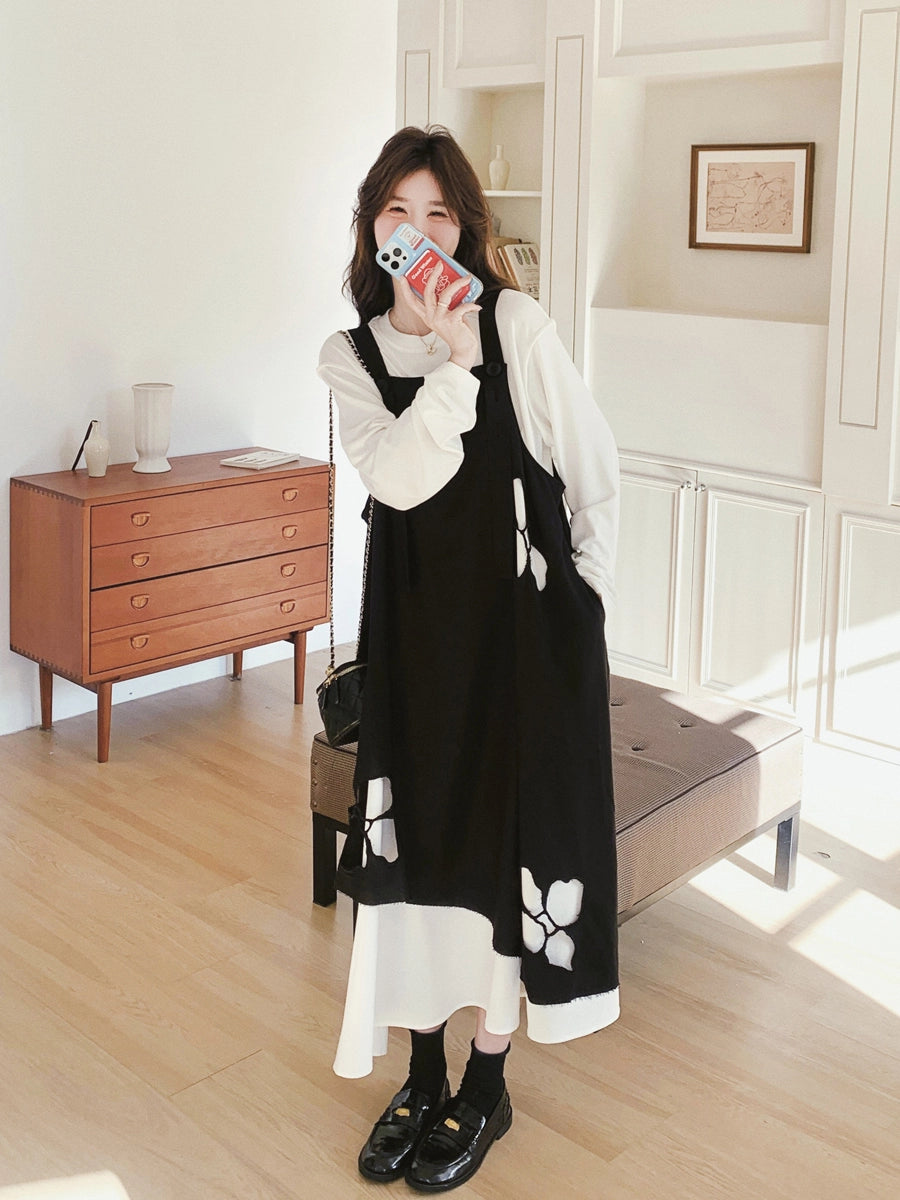 Black Irregular Dress Set Women's Spring and Autumn Korean Atmosphere White Shirt Printed Strap Skirt Two-piece Set