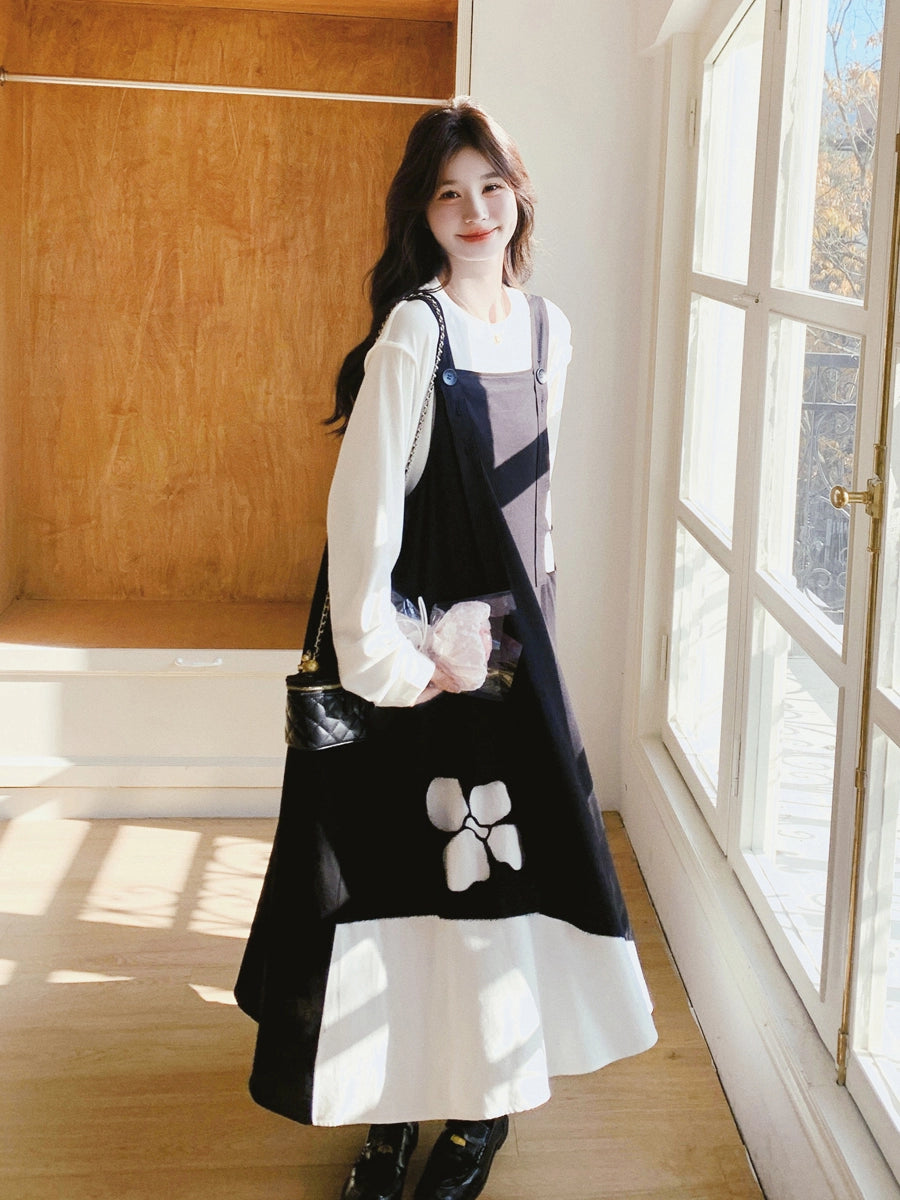 Black Irregular Dress Set Women's Spring and Autumn Korean Atmosphere White Shirt Printed Strap Skirt Two-piece Set