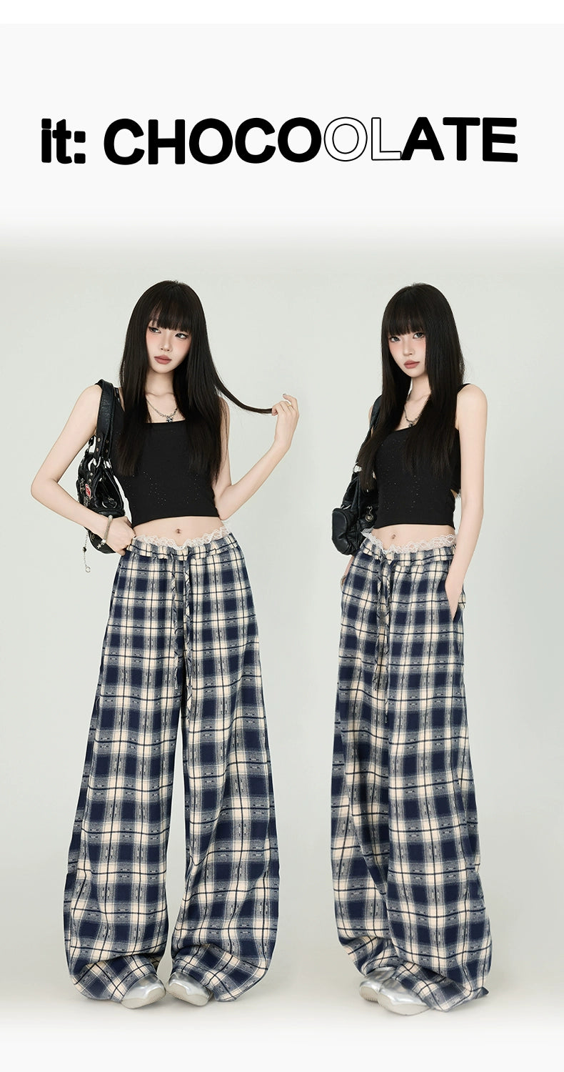 IT: CHOCOOLATE Lace Vintage Plaid Wide Leg Pants Women's 2025 Summer Straight Casual Pants Children