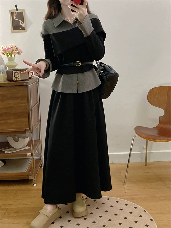 2025 spring wear large size women's clothing with a complete set of high-end light luxury fake two-piece wide-leg pants set skirt