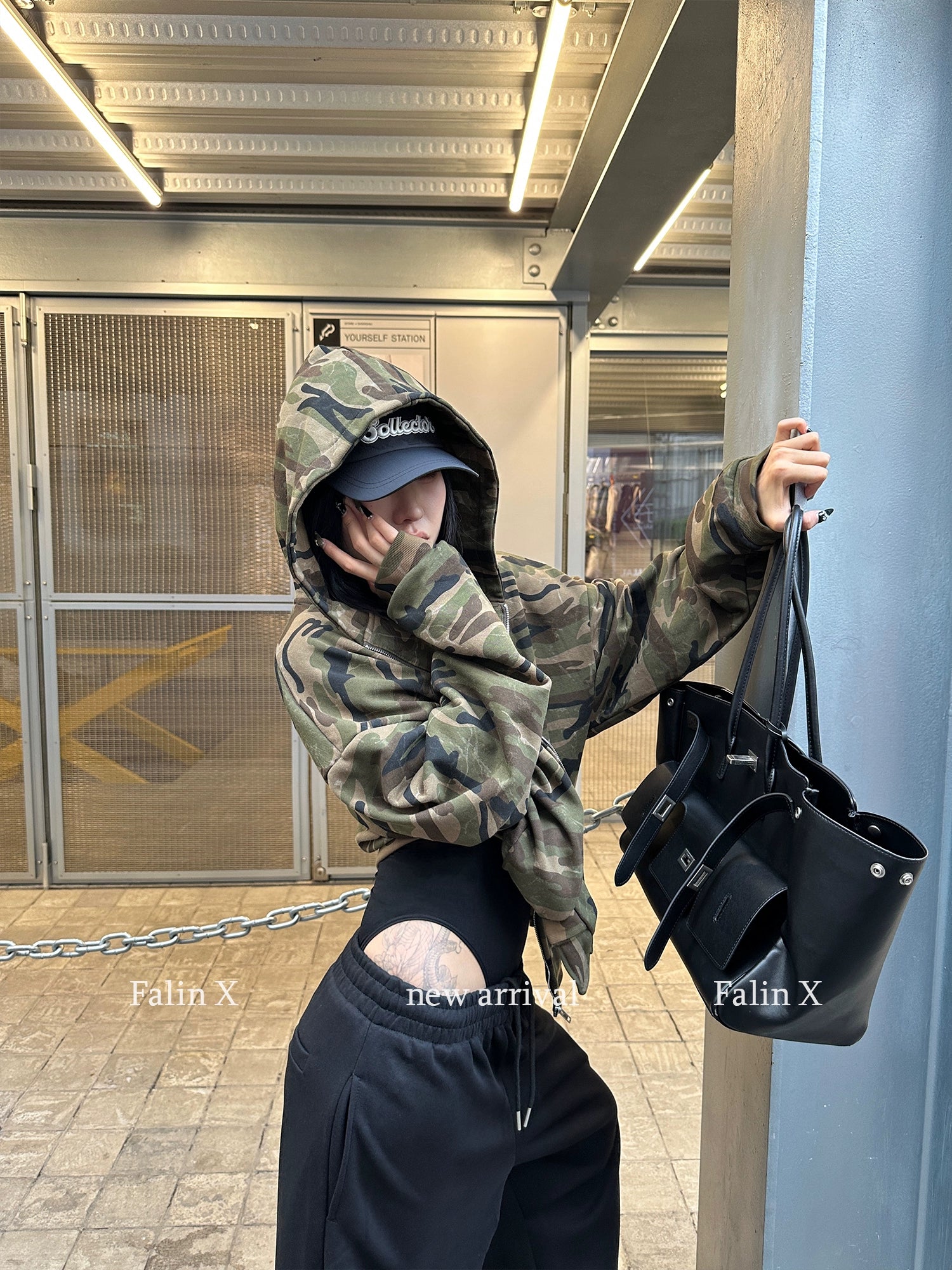 Falin X camouflage hooded sweater jacket women's American lazy chic loose cardigan casual autumn jacket