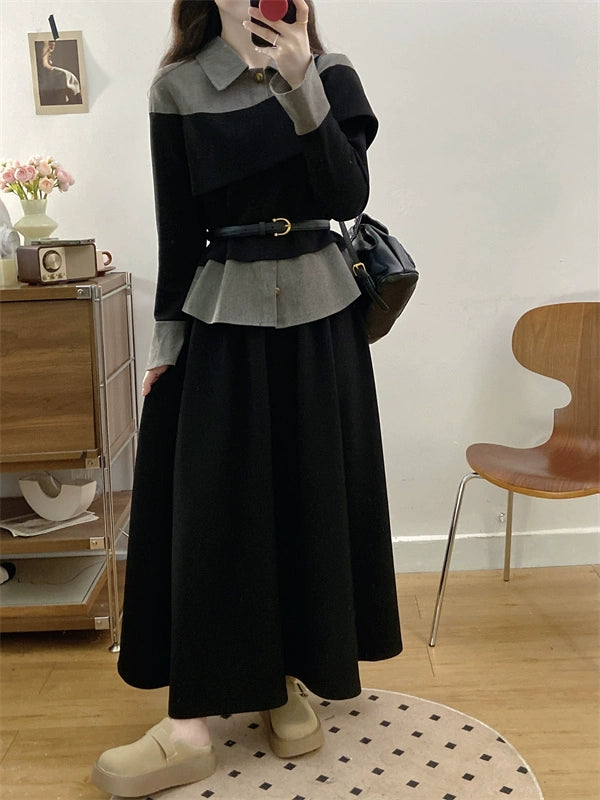 2025 spring wear large size women's clothing with a complete set of high-end light luxury fake two-piece wide-leg pants set skirt