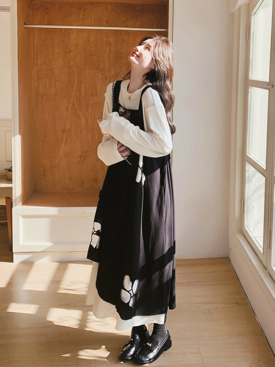 Black Irregular Dress Set Women's Spring and Autumn Korean Atmosphere White Shirt Printed Strap Skirt Two-piece Set