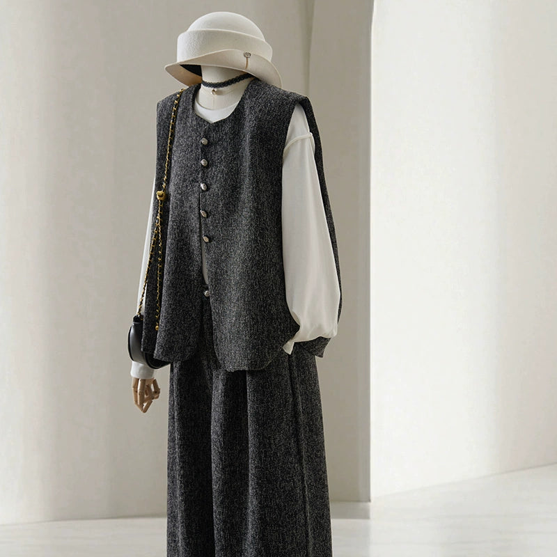 4U4U gray vest + wide-leg pants two-piece set for women's 2025 new Korean high-end light and familiar wind spring set