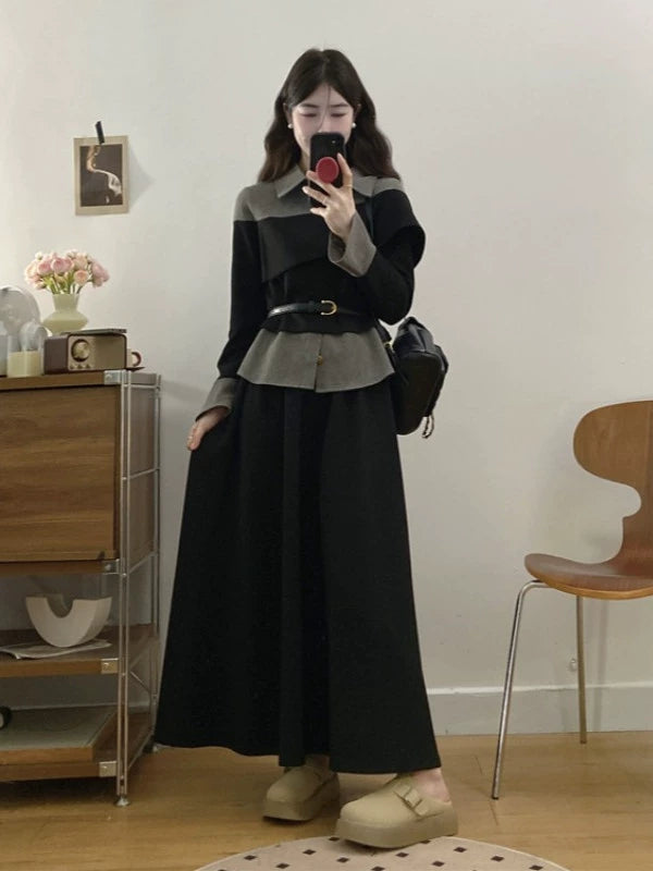2025 spring wear large size women's clothing with a complete set of high-end light luxury fake two-piece wide-leg pants set skirt