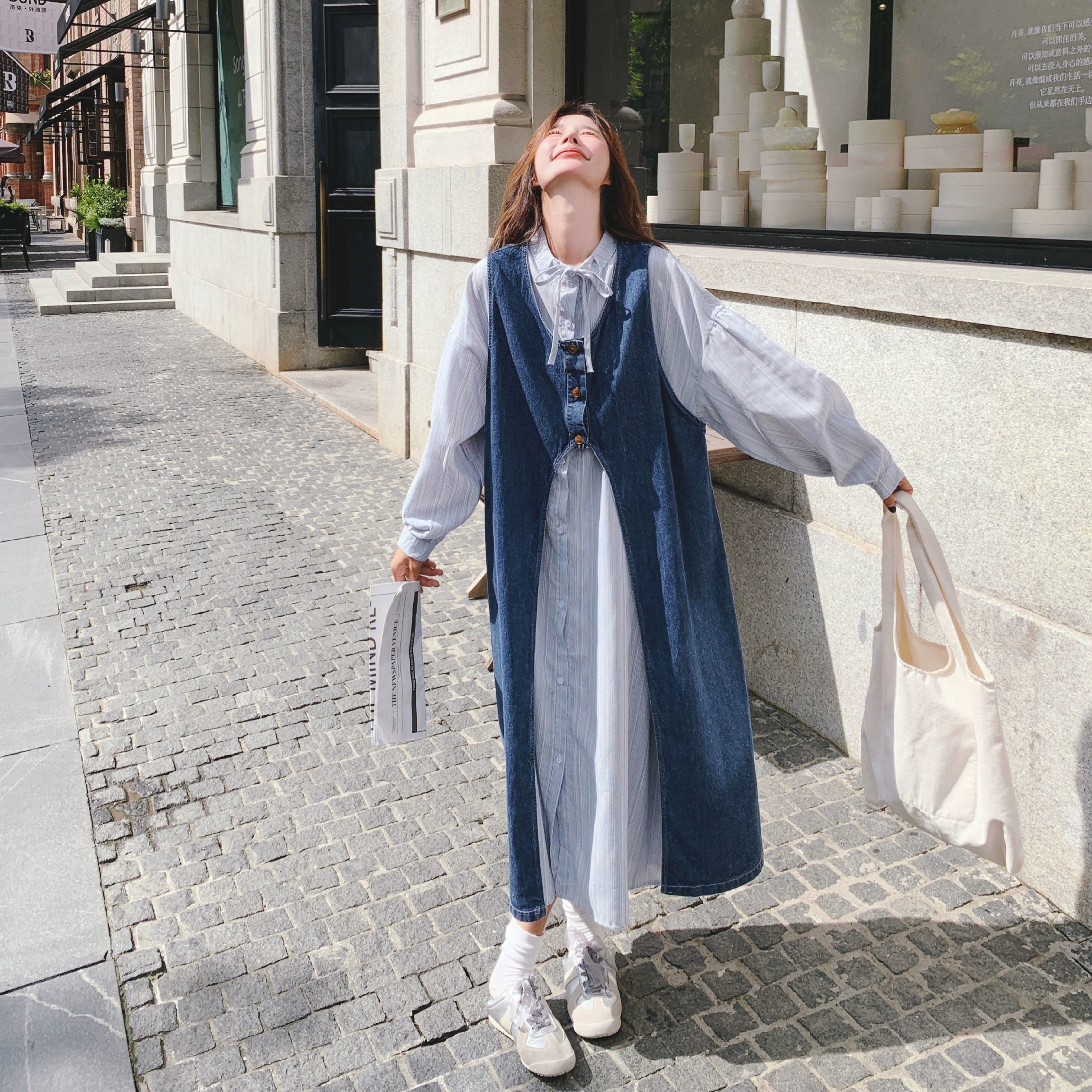 College style striped shirt dress suit women's spring and autumn wear 2025 new denim cardigan layered wear a complete set