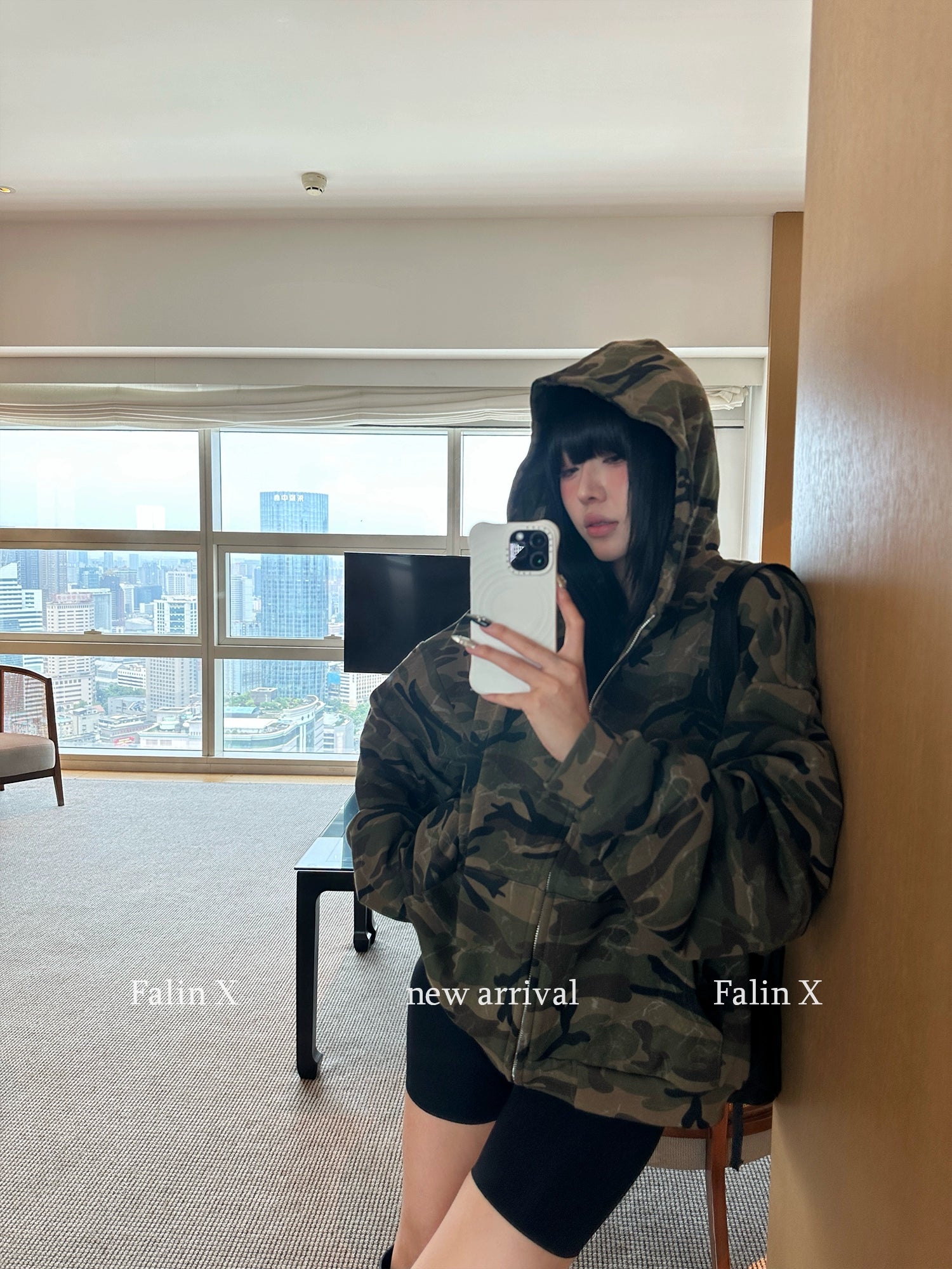 Falin X camouflage hooded sweater jacket women's American lazy chic loose cardigan casual autumn jacket