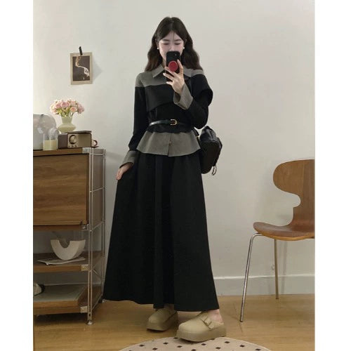 2025 spring wear large size women's clothing with a complete set of high-end light luxury fake two-piece wide-leg pants set skirt
